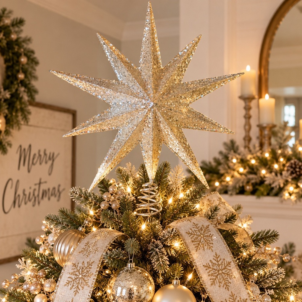 Champagne Glitter Starburst Christmas Tree Topper 18" 3D Celestial Star Holiday